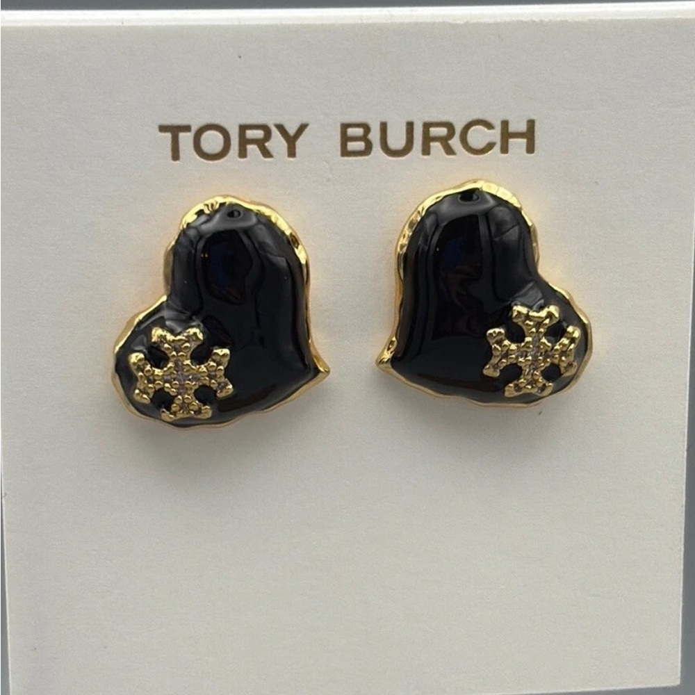 Tory Burch Black Enamel & Gold Heart Studs NWT - Picture 3 of 5